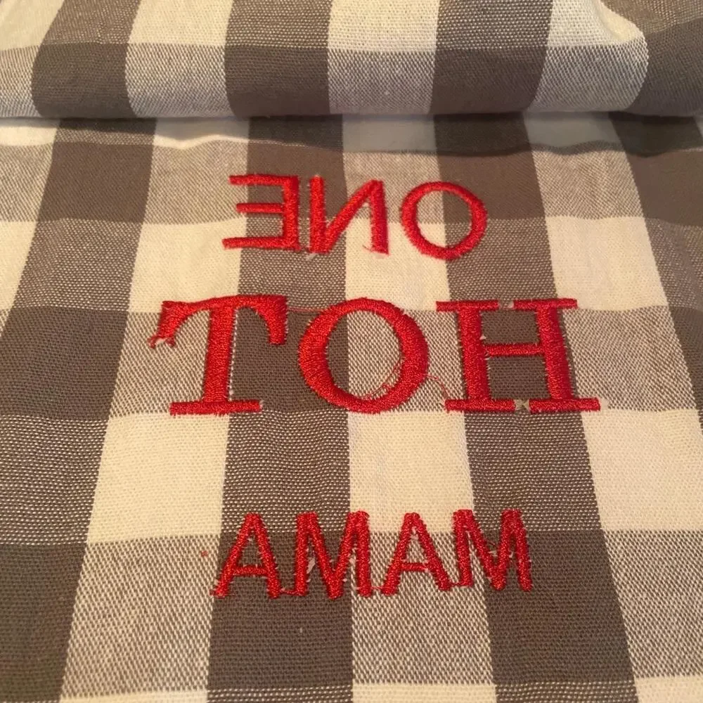 “One Hot Mama” Embroidered Tea Towel Gray/White Checked New
